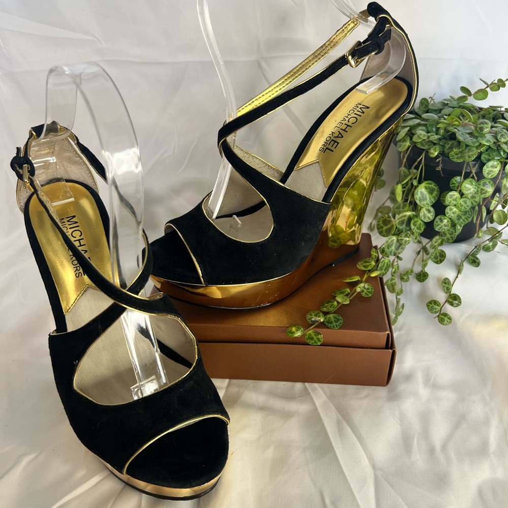 Michael Michael Kors Gideon Black Suede Gold Wedge Sandal Sz 6